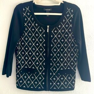White House Black Market Black Top with silver and pearl beading, Size L